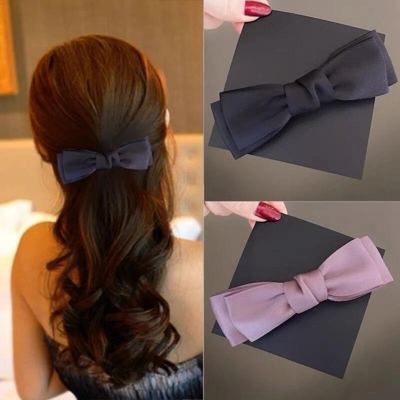 ✨台灣現貨🌿日韓純色雙層蝴蝶結彈簧夾 簡約風甜美氣質髮夾 頂夾 半扎頭髮公主頭髮飾【N68】-細節圖7