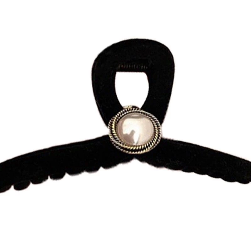 ✨台灣現貨🌿黑色復古法式優雅氣質 珍珠、玫瑰植絨大號抓夾 INS慵懶風簡約抓夾 鯊魚夾 盤髮夾【M9】-細節圖9