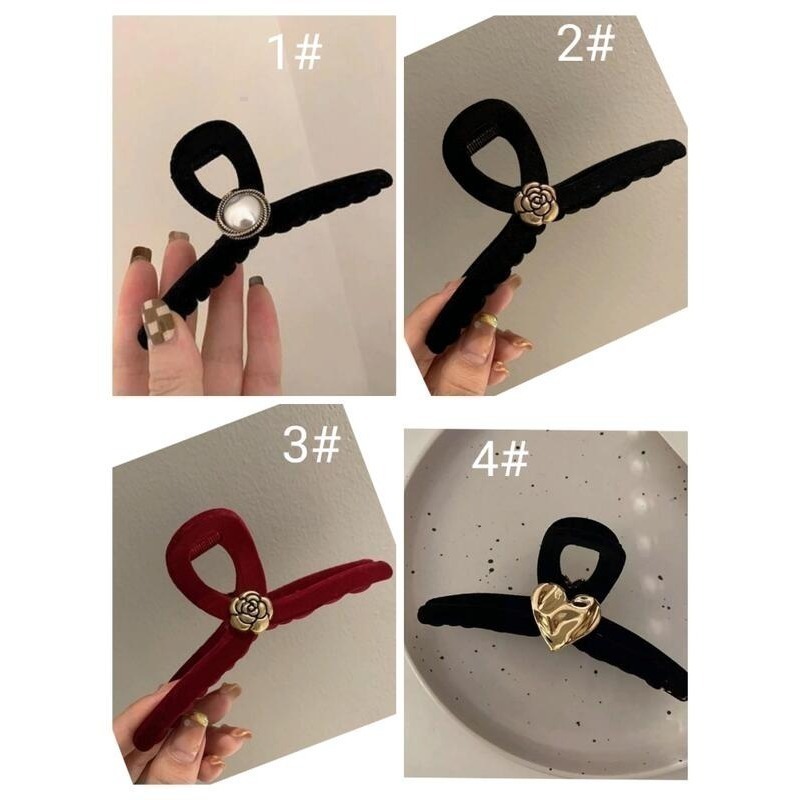 ✨台灣現貨🌿黑色復古法式優雅氣質 珍珠、玫瑰植絨大號抓夾 INS慵懶風簡約抓夾 鯊魚夾 盤髮夾【M9】-細節圖10