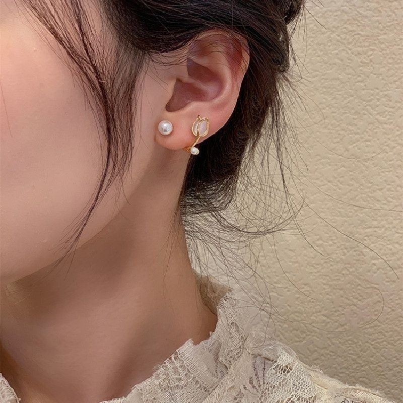 💖台灣現貨🌿S925銀針韓國貓眼鬱金香 珍珠 花朵 魚尾 小樹葉 一款兩戴耳環 設計感貓眼彩釉耳環【G187】-細節圖2