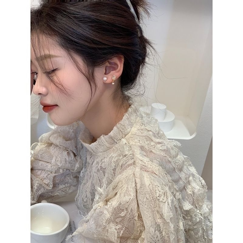 💖台灣現貨🌿S925銀針韓國貓眼鬱金香 珍珠 花朵 魚尾 小樹葉 一款兩戴耳環 設計感貓眼彩釉耳環【G187】-細節圖3