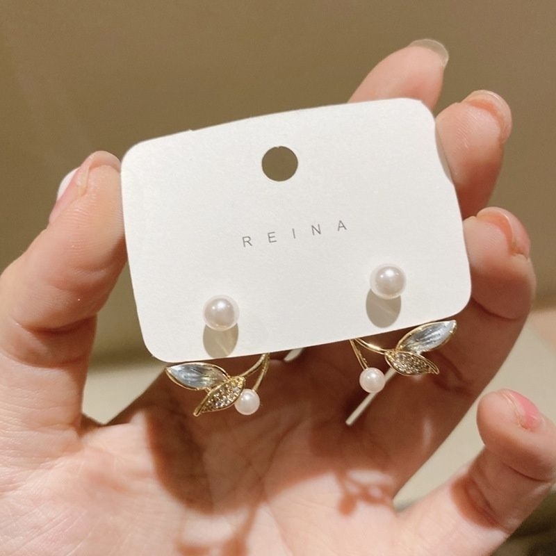 💖台灣現貨🌿S925銀針韓國貓眼鬱金香 珍珠 花朵 魚尾 小樹葉 一款兩戴耳環 設計感貓眼彩釉耳環【G187】-細節圖4