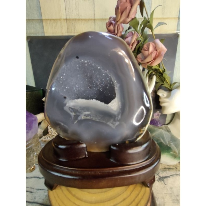 💰天然原皮原礦瑪瑙小晶洞 消磁桌上擺飾 附訂製木座720g-細節圖2