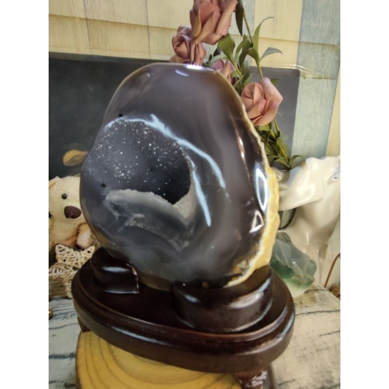 💰天然原皮原礦瑪瑙小晶洞 消磁桌上擺飾 附訂製木座720g-細節圖3