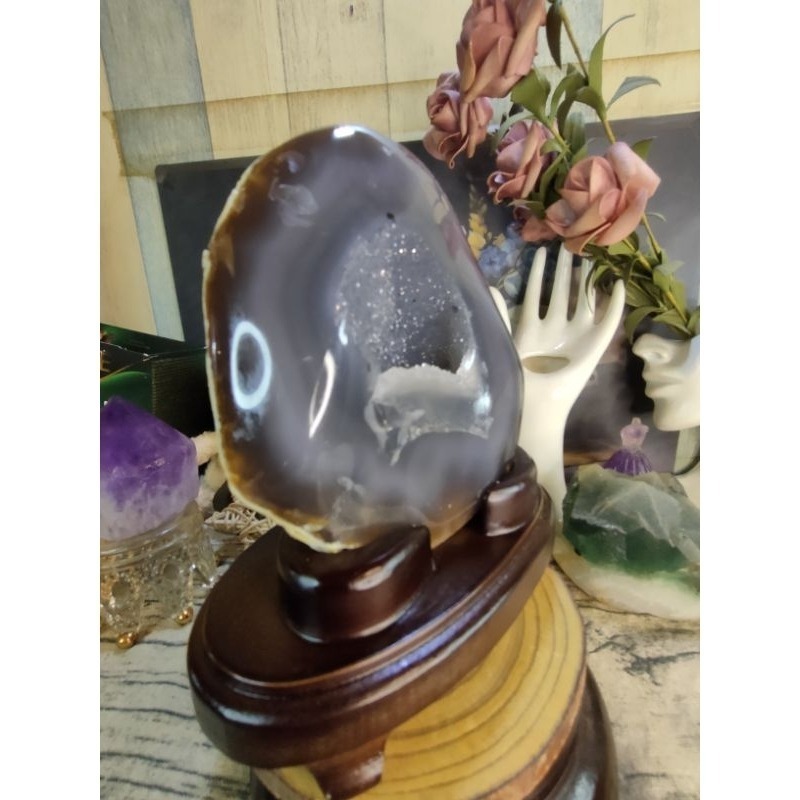 💰天然原皮原礦瑪瑙小晶洞 消磁桌上擺飾 附訂製木座720g-細節圖8