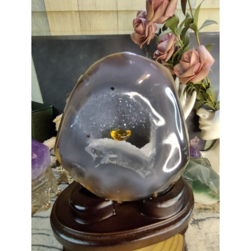 💰天然原皮原礦瑪瑙小晶洞 消磁桌上擺飾 附訂製木座720g-細節圖9