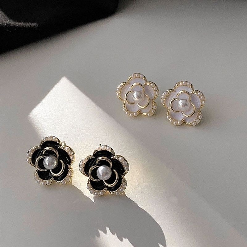 💖台灣現貨🌿銀針韓國時尚小香風山茶花耳釘 網紅氣質復古質感山茶花珍珠耳釘耳環【G41】-細節圖4