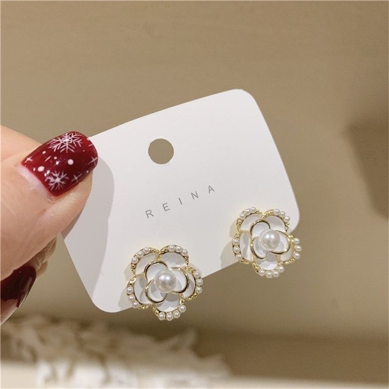 💖台灣現貨🌿銀針韓國時尚小香風山茶花耳釘 網紅氣質復古質感山茶花珍珠耳釘耳環【G41】-細節圖6