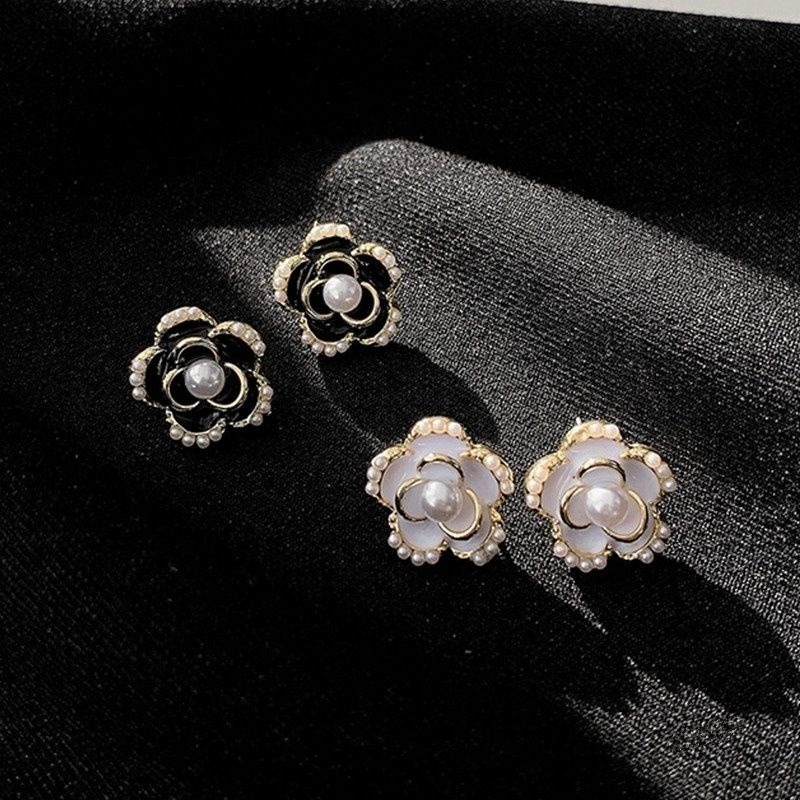 💖台灣現貨🌿銀針韓國時尚小香風山茶花耳釘 網紅氣質復古質感山茶花珍珠耳釘耳環【G41】-細節圖9