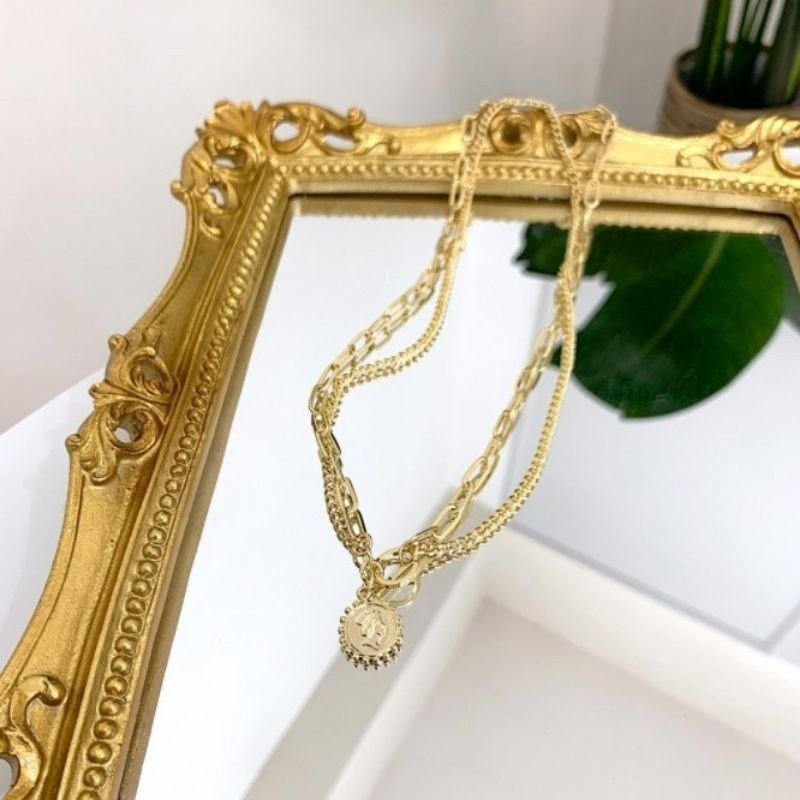 👗台灣現貨🌿ins冷淡風美人頭像雙層項鍊女潮簡約金屬鏈條硬幣吊墜鎖骨鏈【Q2】-細節圖2