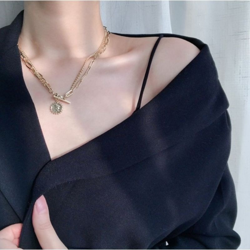 👗台灣現貨🌿ins冷淡風美人頭像雙層項鍊女潮簡約金屬鏈條硬幣吊墜鎖骨鏈【Q2】-細節圖3