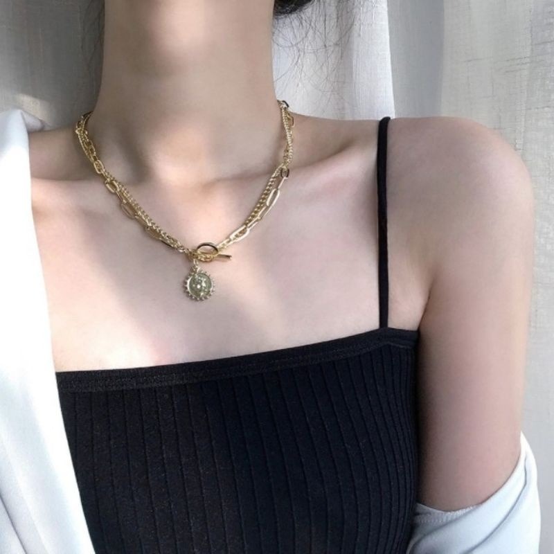 👗台灣現貨🌿ins冷淡風美人頭像雙層項鍊女潮簡約金屬鏈條硬幣吊墜鎖骨鏈【Q2】-細節圖4