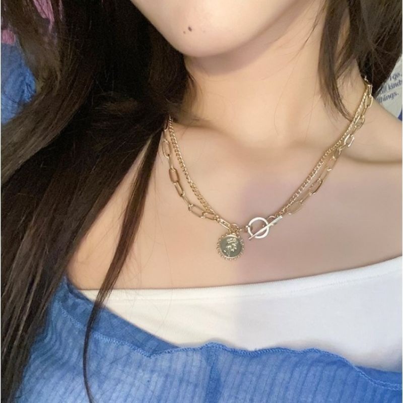 👗台灣現貨🌿ins冷淡風美人頭像雙層項鍊女潮簡約金屬鏈條硬幣吊墜鎖骨鏈【Q2】-細節圖6