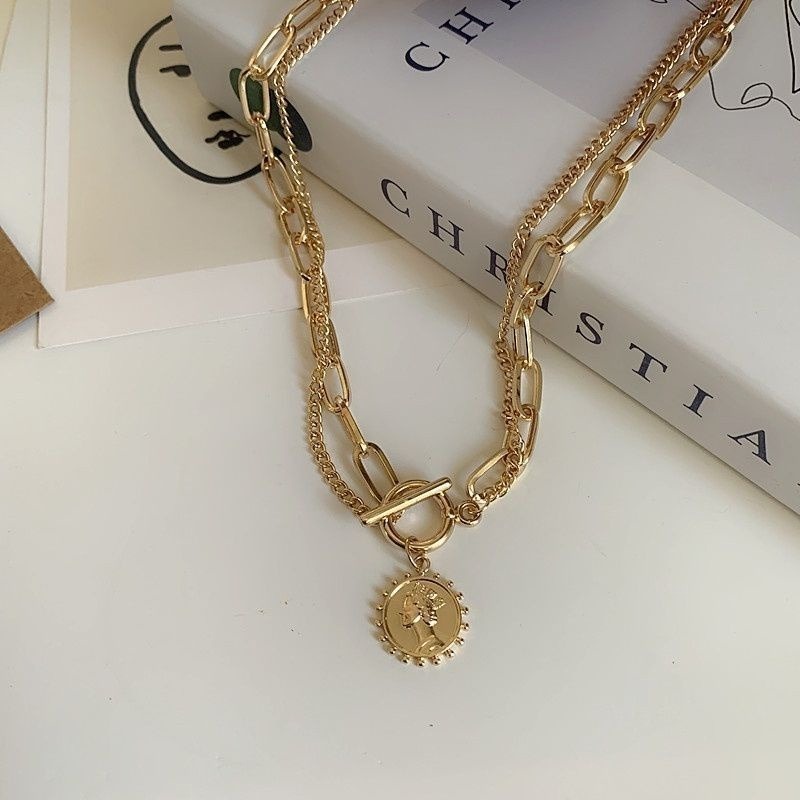 👗台灣現貨🌿ins冷淡風美人頭像雙層項鍊女潮簡約金屬鏈條硬幣吊墜鎖骨鏈【Q2】-規格圖10