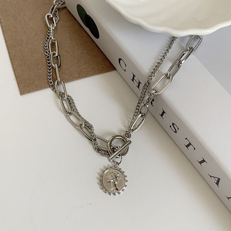 👗台灣現貨🌿ins冷淡風美人頭像雙層項鍊女潮簡約金屬鏈條硬幣吊墜鎖骨鏈【Q2】-規格圖10