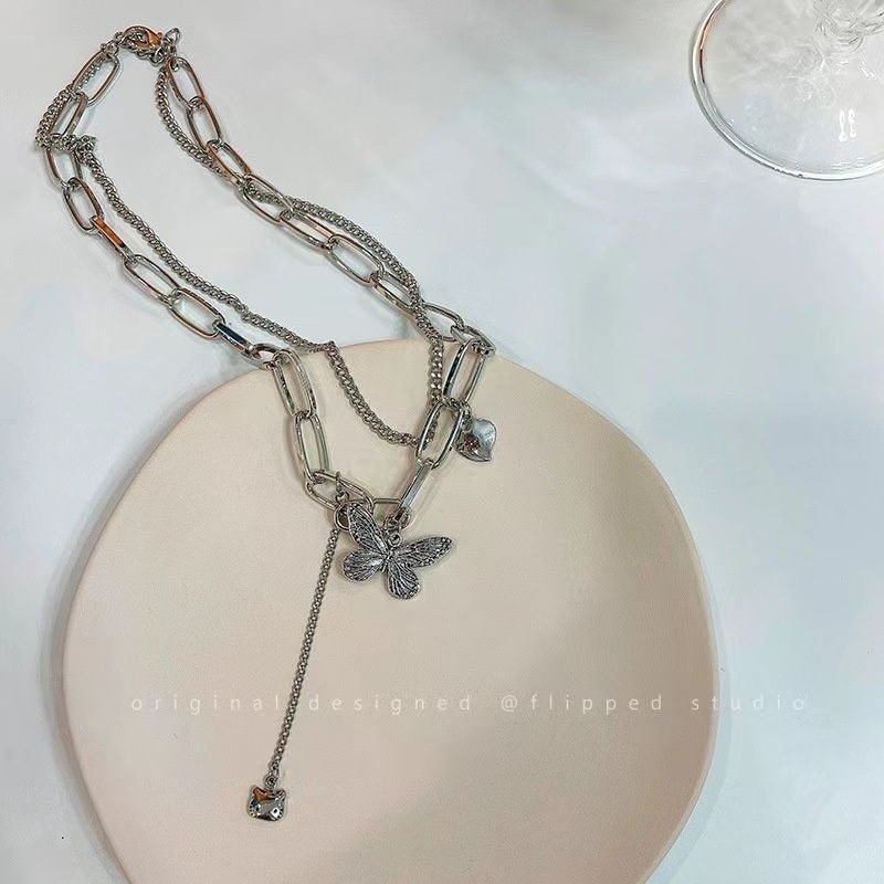 👗台灣現貨🌿雙層疊戴愛心 蝴蝶 項鍊 頸鍊 冷淡風 金屬 貓咪 頸鏈 ins網紅 設計感 鎖骨鏈【Q75】-細節圖5