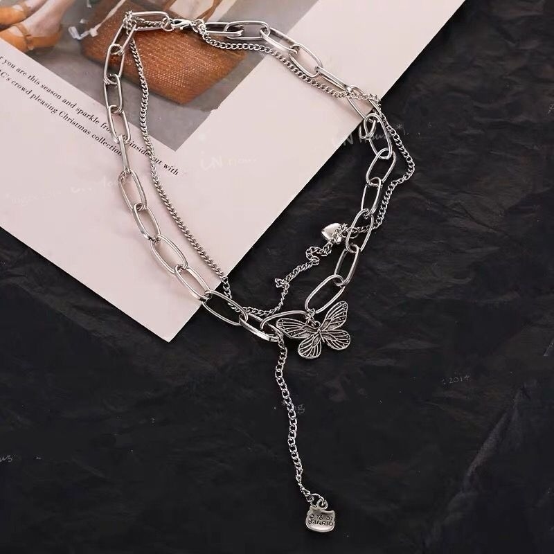 👗台灣現貨🌿雙層疊戴愛心 蝴蝶 項鍊 頸鍊 冷淡風 金屬 貓咪 頸鏈 ins網紅 設計感 鎖骨鏈【Q75】-細節圖8