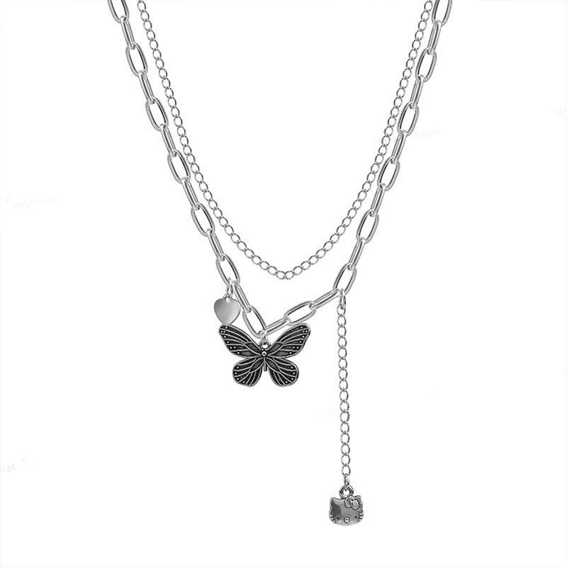 👗台灣現貨🌿雙層疊戴愛心 蝴蝶 項鍊 頸鍊 冷淡風 金屬 貓咪 頸鏈 ins網紅 設計感 鎖骨鏈【Q75】-細節圖9