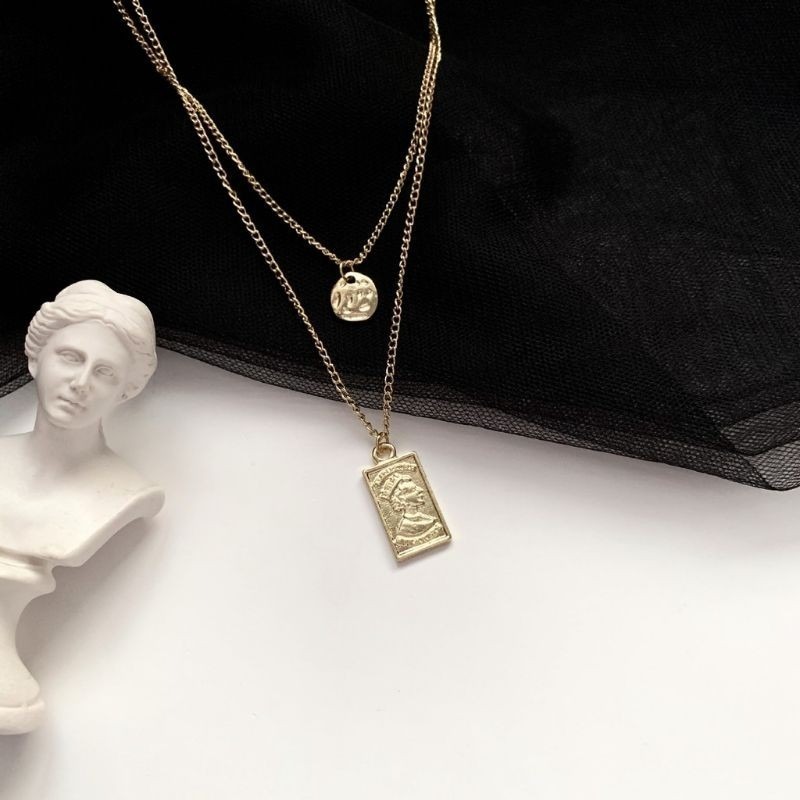 👗台灣現貨🌿歐美復古風 方塊人像浮雕雙層項鍊 鎖骨鏈 金屬毛衣鏈-細節圖2