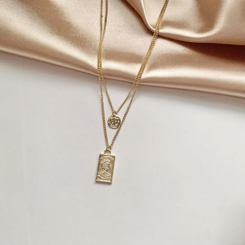 👗台灣現貨🌿歐美復古風 方塊人像浮雕雙層項鍊 鎖骨鏈 金屬毛衣鏈-細節圖7