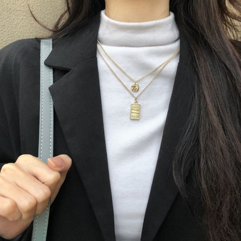 👗台灣現貨🌿歐美復古風 方塊人像浮雕雙層項鍊 鎖骨鏈 金屬毛衣鏈-細節圖8