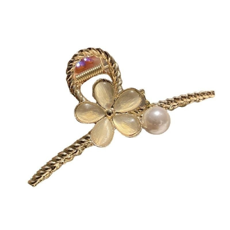 ✨台灣現貨🌿 貓眼石蝴蝶花朵珍珠吊墬大號金屬髮夾 抓夾 盤髮夾 鯊魚夾 網紅簡約輕奢優雅髮飾【M8】-細節圖6