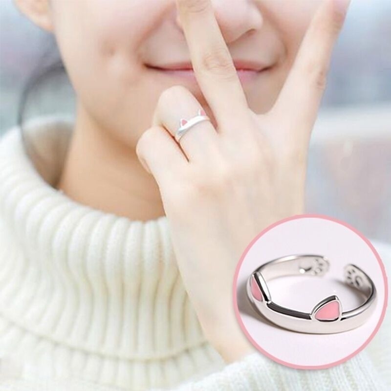 💍台灣現貨🌿韓國個性口活口貓咪耳朵戒指 萌寵可愛動物貓爪腳印指環 可愛簡約開口可調節戒指【O74】-細節圖3