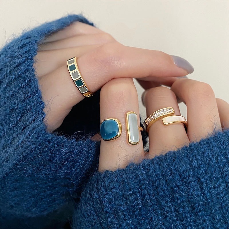 💍台灣現貨🌿漸變藍開口戒指女可調節時尚個性ins潮小眾設計冷淡日式輕奢祖母綠指環交叉單一食指戒 【O23】-細節圖4