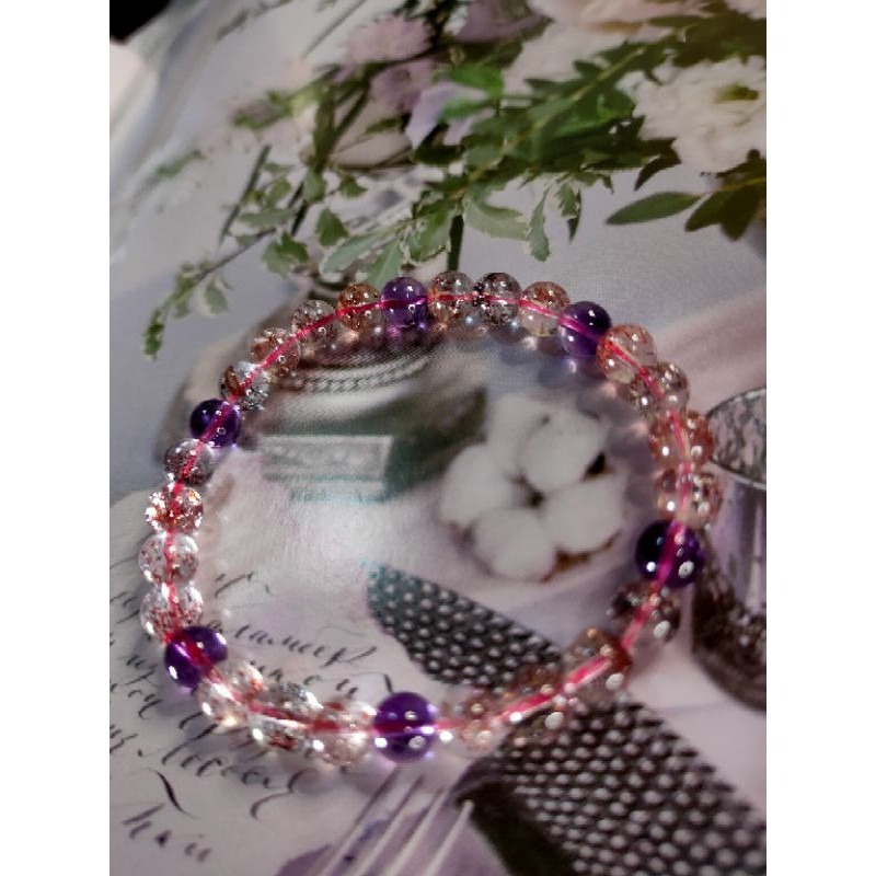 ⚜️天然超七三輪骨幹紫發晶手鏈 很稀有的水晶 雲母與紫發並存 凝聚多種水晶功效 能量巨大 晶體通透 6.7mm-細節圖9