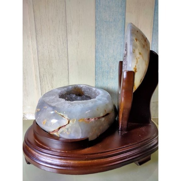 💰全拋巴西聚寶盆 全拋瑪瑙聚寶盆 帶雪礦共生礦 閃亮亮 全透光 藏風聚氣~圓滿如意~對己生財~附底座 大凹型  送元寶-細節圖5