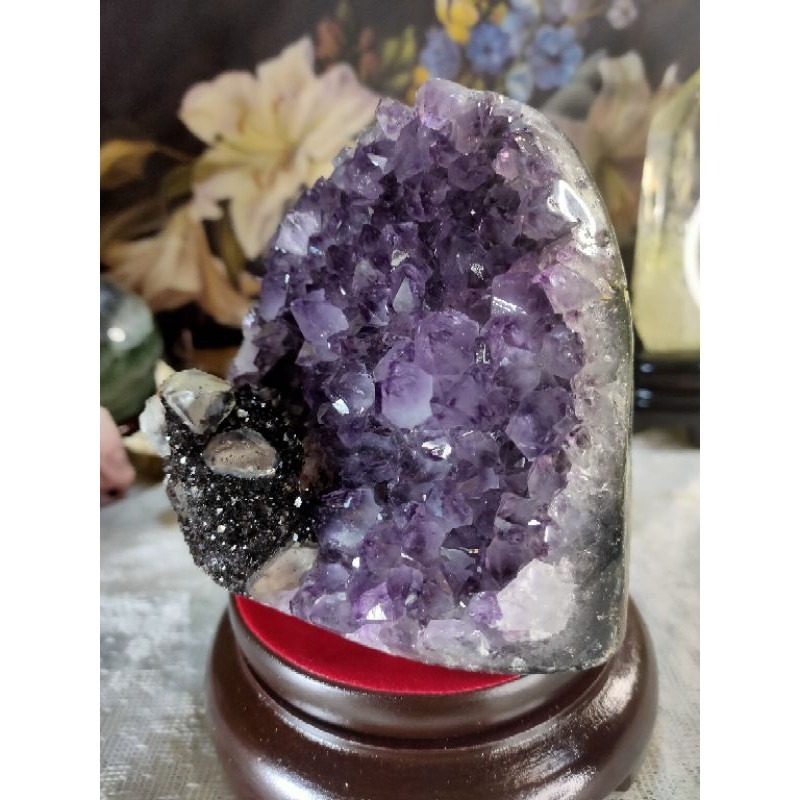 ✡️天然烏拉圭異象紫水晶鎮 稀有品 帶黑碧鑽共生 方解石 紫水晶原石 擺件 值得收藏 1412g-細節圖3