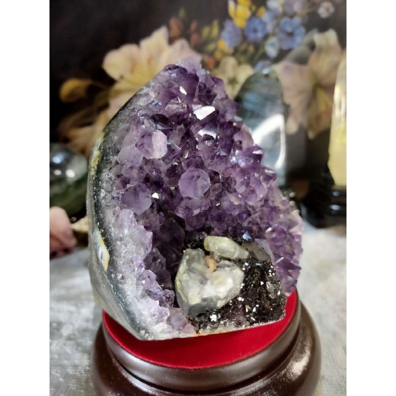 ✡️天然烏拉圭異象紫水晶鎮 稀有品 帶黑碧鑽共生 方解石 紫水晶原石 擺件 值得收藏 1412g-細節圖5