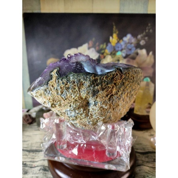 ✡️烏拉圭🇺🇾水晶原礦 內凹帶球花紅極光原皮 紫晶鎮 消磁 净化 紫水晶原石擺件 送壓克力座2037g#258-細節圖4