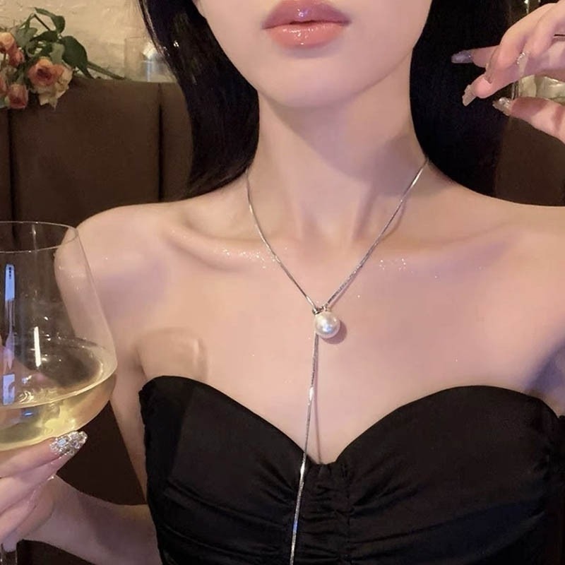 👗台灣現貨🌿小眾設計可抽拉珍珠長款項錬 純欲辣妹風 氣質輕奢 素雅項鍊  流蘇毛衣鏈【Q80】-細節圖2