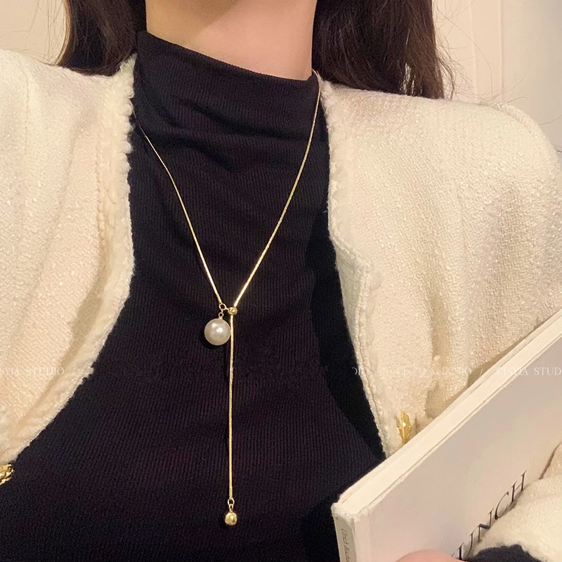 👗台灣現貨🌿小眾設計可抽拉珍珠長款項錬 純欲辣妹風 氣質輕奢 素雅項鍊  流蘇毛衣鏈【Q80】-細節圖5
