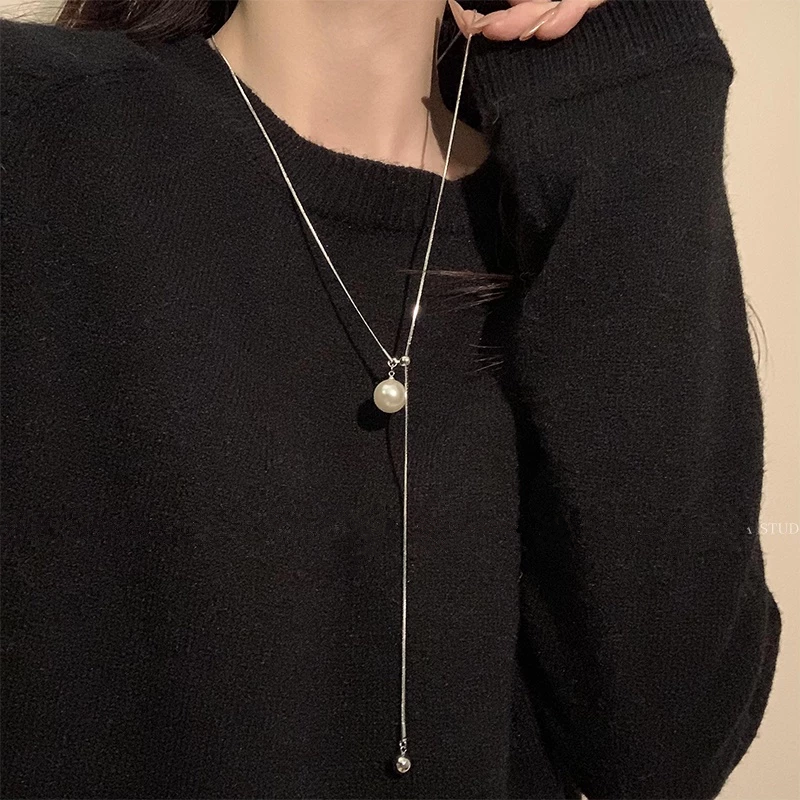 👗台灣現貨🌿小眾設計可抽拉珍珠長款項錬 純欲辣妹風 氣質輕奢 素雅項鍊  流蘇毛衣鏈【Q80】-規格圖11