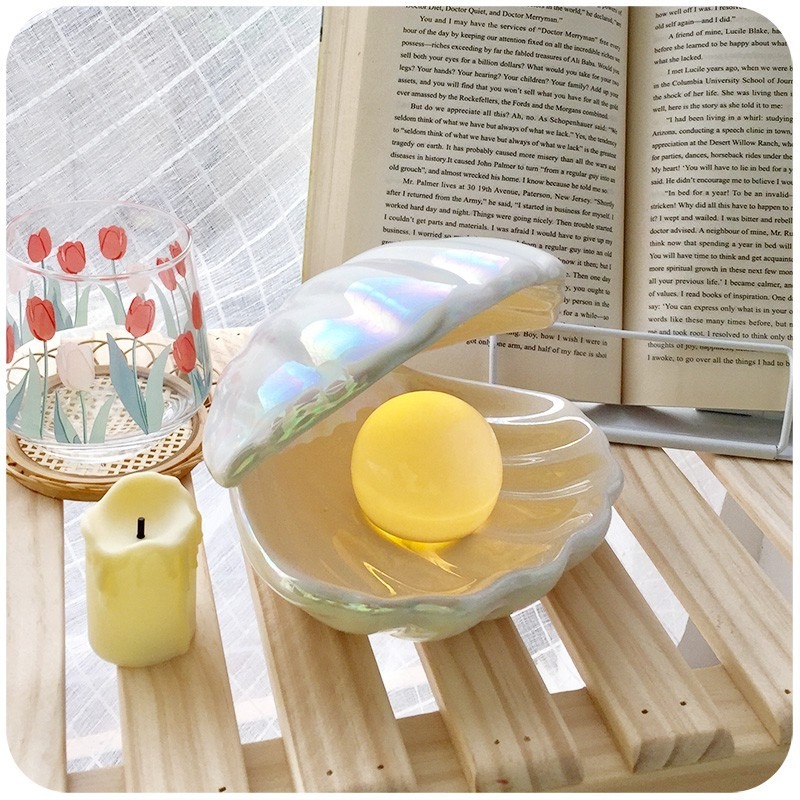 🌸台灣現貨🌿夢幻人魚幻彩陶瓷貝殼燈 珍珠裝飾小夜燈 貝殼收納盤 粉、白兩色-細節圖4