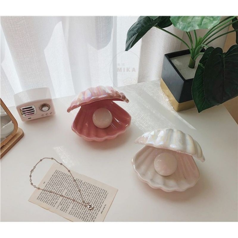 🌸台灣現貨🌿夢幻人魚幻彩陶瓷貝殼燈 珍珠裝飾小夜燈 貝殼收納盤 粉、白兩色-細節圖7