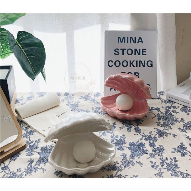 🌸台灣現貨🌿夢幻人魚幻彩陶瓷貝殼燈 珍珠裝飾小夜燈 貝殼收納盤 粉、白兩色-細節圖8