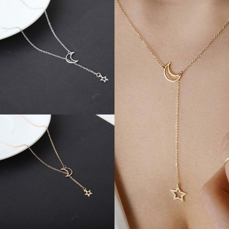 👗台灣現貨🌿氣質簡約星月Y字鍊 交叉星月項鍊 簍空星星月亮項鍊 百搭鏈條項鍊鎖骨鏈【Q71】-細節圖7