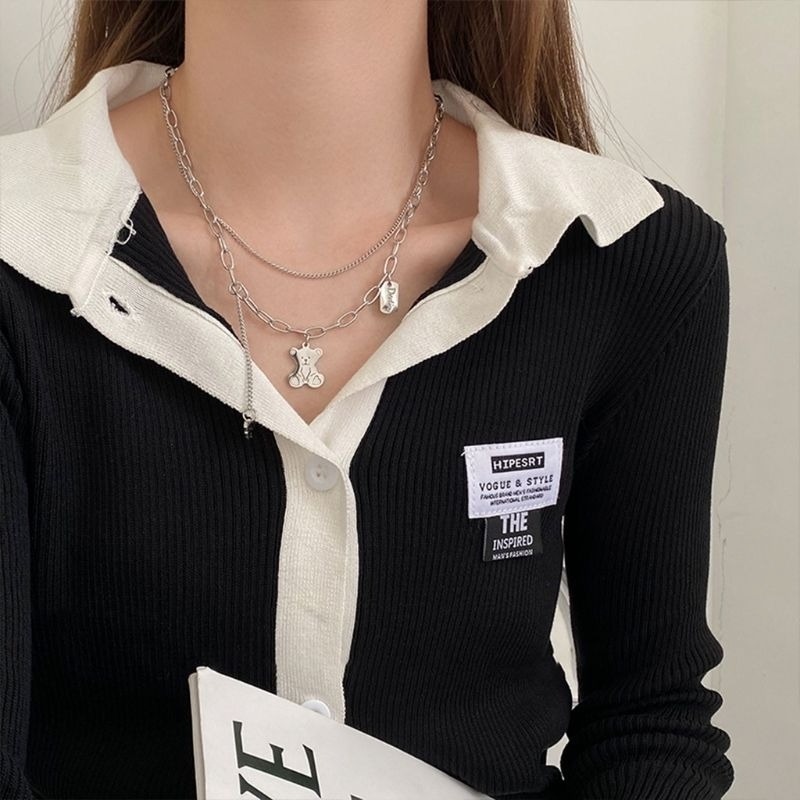 👗台灣現貨🌿百搭疊戴小熊項鍊 嘻哈個性毛衣鏈 日韓銀色小熊雙層項鍊【Q70】-細節圖2