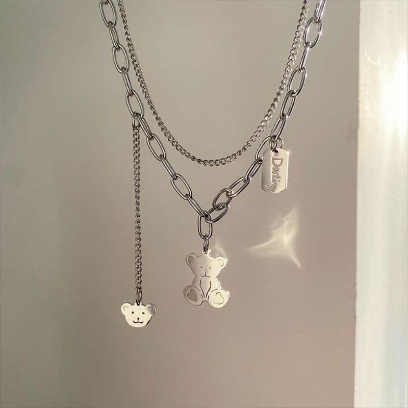 👗台灣現貨🌿百搭疊戴小熊項鍊 嘻哈個性毛衣鏈 日韓銀色小熊雙層項鍊【Q70】-細節圖3