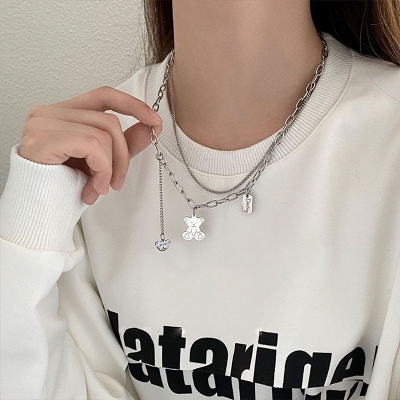 👗台灣現貨🌿百搭疊戴小熊項鍊 嘻哈個性毛衣鏈 日韓銀色小熊雙層項鍊【Q70】-細節圖4