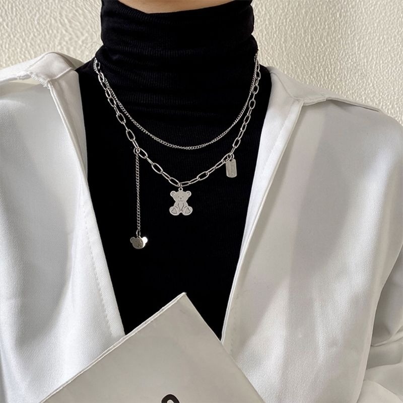 👗台灣現貨🌿百搭疊戴小熊項鍊 嘻哈個性毛衣鏈 日韓銀色小熊雙層項鍊【Q70】-細節圖6