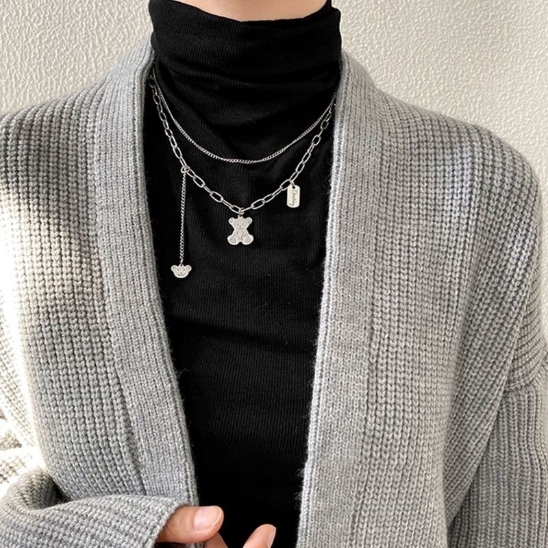 👗台灣現貨🌿百搭疊戴小熊項鍊 嘻哈個性毛衣鏈 日韓銀色小熊雙層項鍊【Q70】-細節圖7