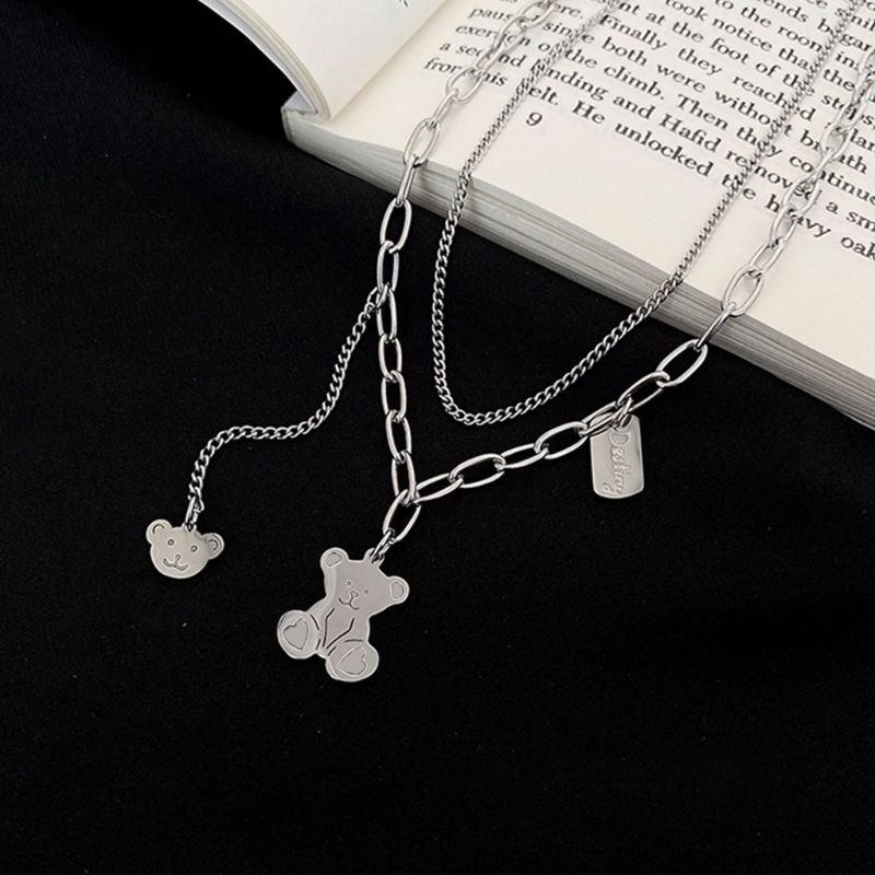 👗台灣現貨🌿百搭疊戴小熊項鍊 嘻哈個性毛衣鏈 日韓銀色小熊雙層項鍊【Q70】-細節圖8