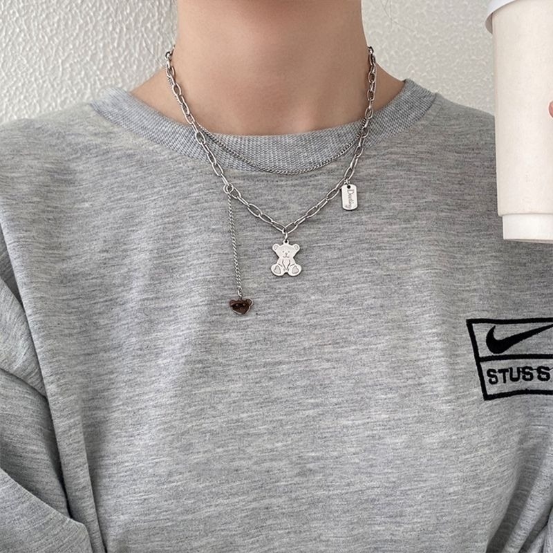 👗台灣現貨🌿百搭疊戴小熊項鍊 嘻哈個性毛衣鏈 日韓銀色小熊雙層項鍊【Q70】-細節圖9