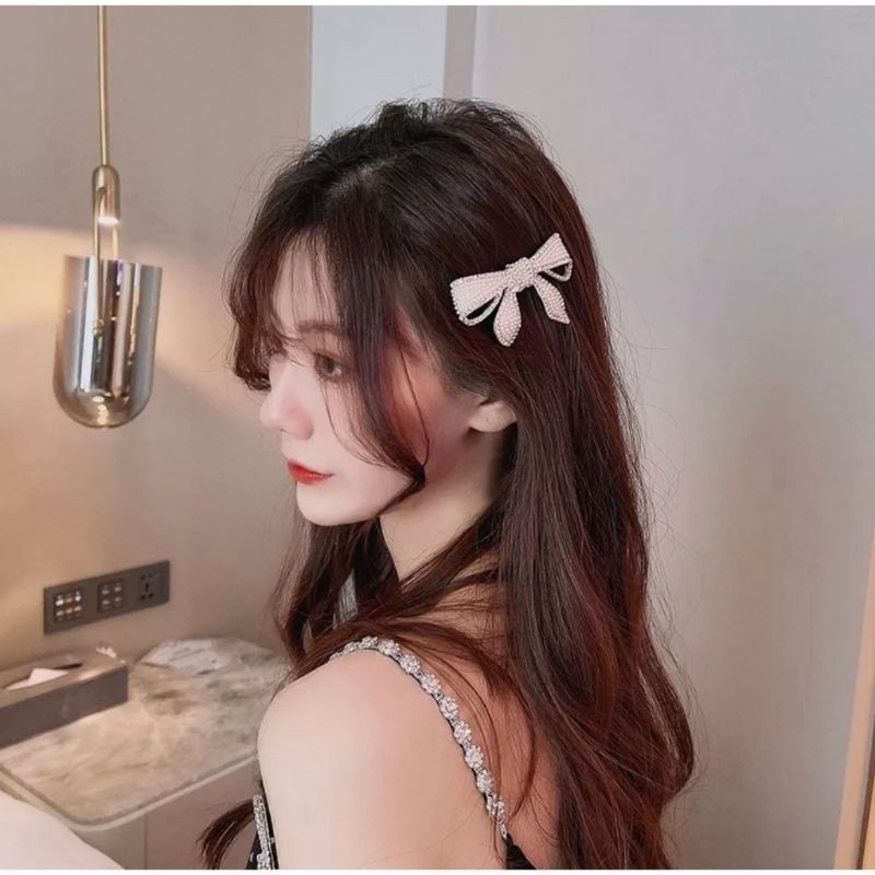 ✨台灣現貨🌿韓國氣質優雅水鑽珍珠蝴蝶結髮夾超級閃光髮夾劉海夾側夾髮飾【N87】-細節圖3