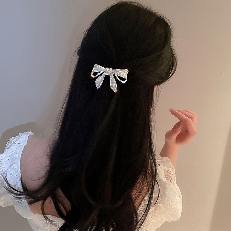 ✨台灣現貨🌿韓國氣質優雅水鑽珍珠蝴蝶結髮夾超級閃光髮夾劉海夾側夾髮飾【N87】-細節圖5