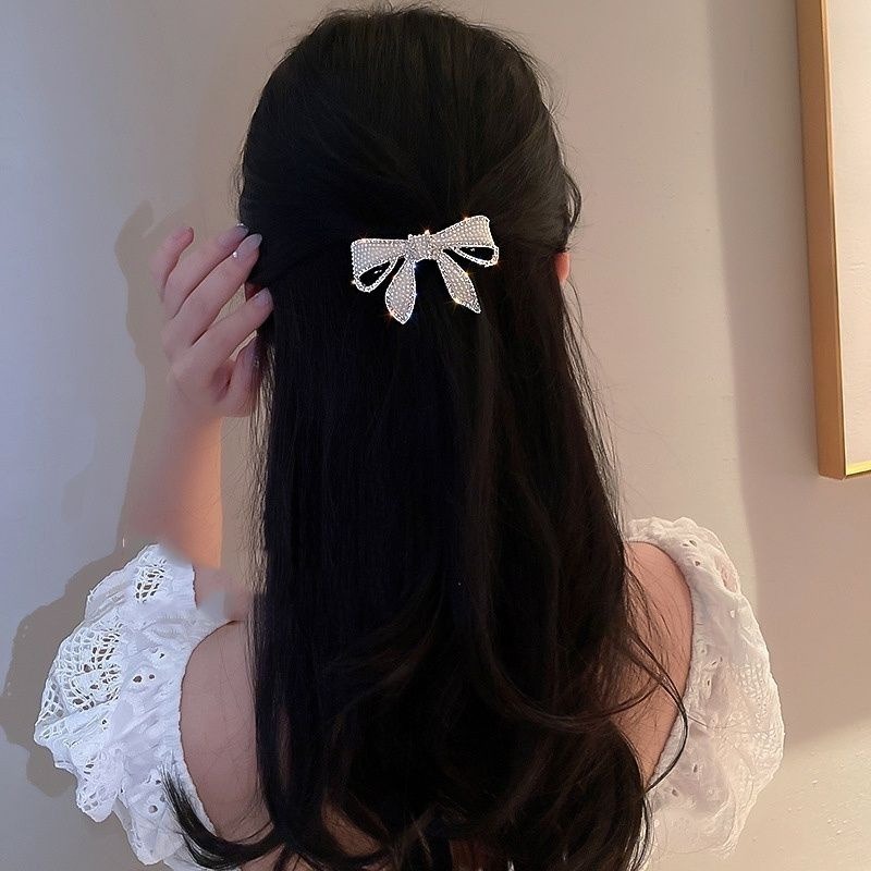 ✨台灣現貨🌿韓國氣質優雅水鑽珍珠蝴蝶結髮夾超級閃光髮夾劉海夾側夾髮飾【N87】-細節圖7